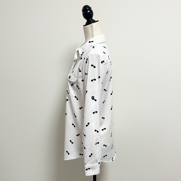Karl Lagerfeld White Black Sunglasses Roll Tab Sleeve Button Up Collar Blouse XS - Picture 9 of 15